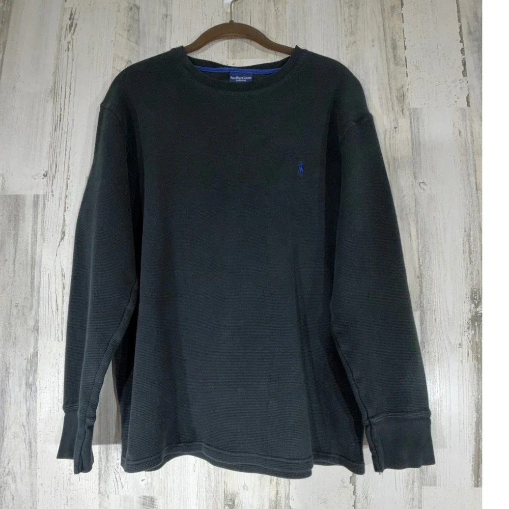 Polo Ralph Lauren Thermal Top Large Black Waffle Knit‎ Athleisure Casual READ